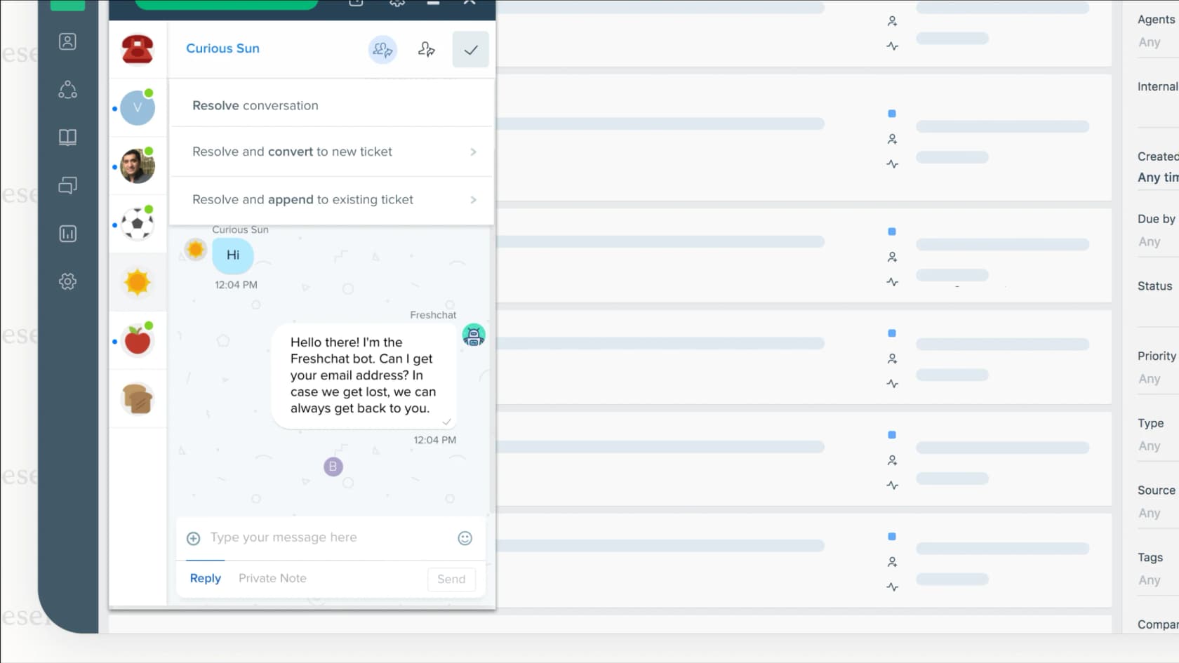 A view of the Freddy AI chatbot builder within the Freshdesk live chat interface.