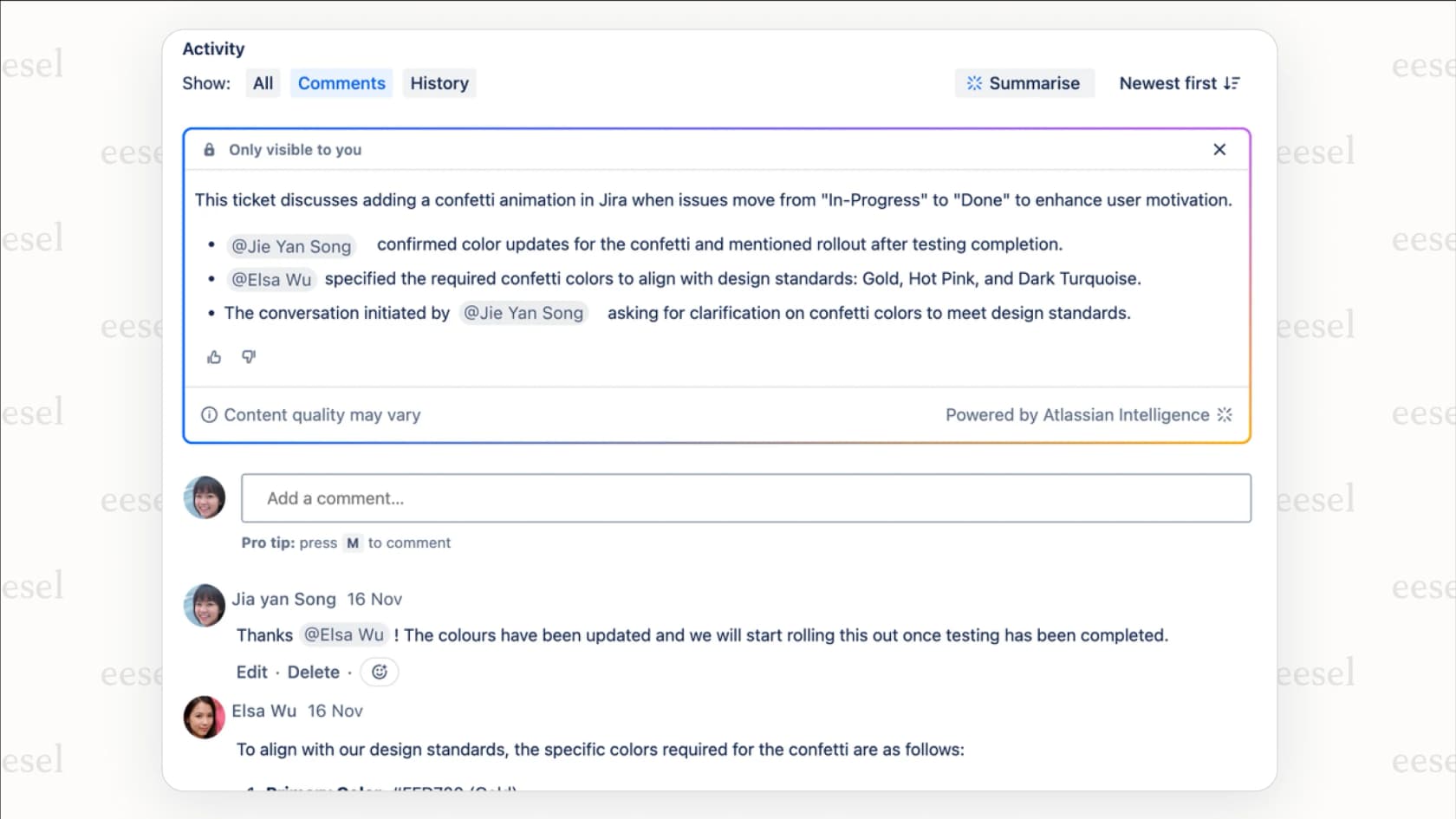 A ticket view in the Jira AI service desk showing a summary and related articles generated by Atlassian Intelligence to help the agent resolve the issue faster.