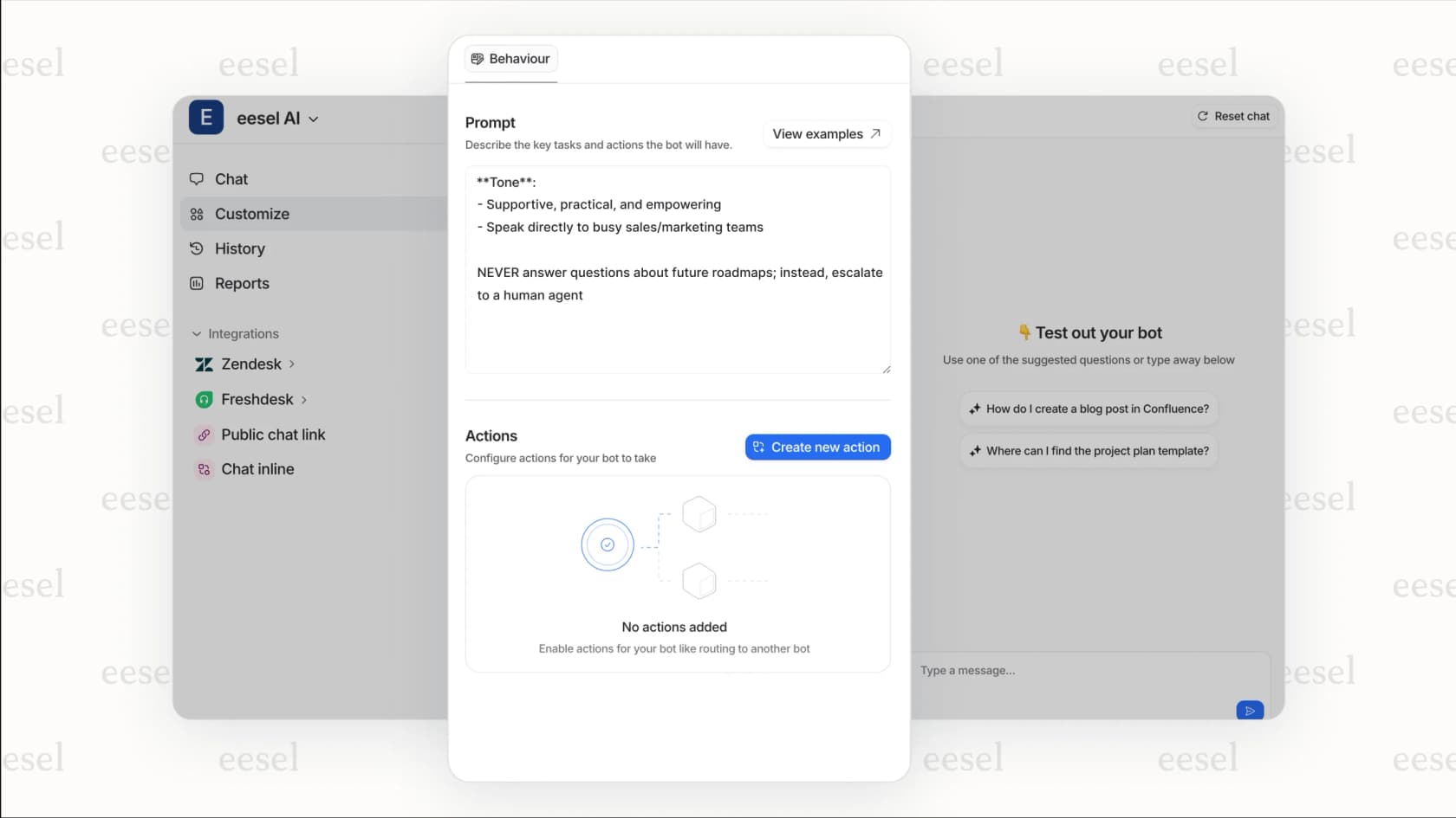 A screenshot of a platform where a manager is typing a rule like, "Never answer questions about future roadmaps; instead, escalate to a human agent," demonstrating human-in-the-loop control for proactive customer engagement.