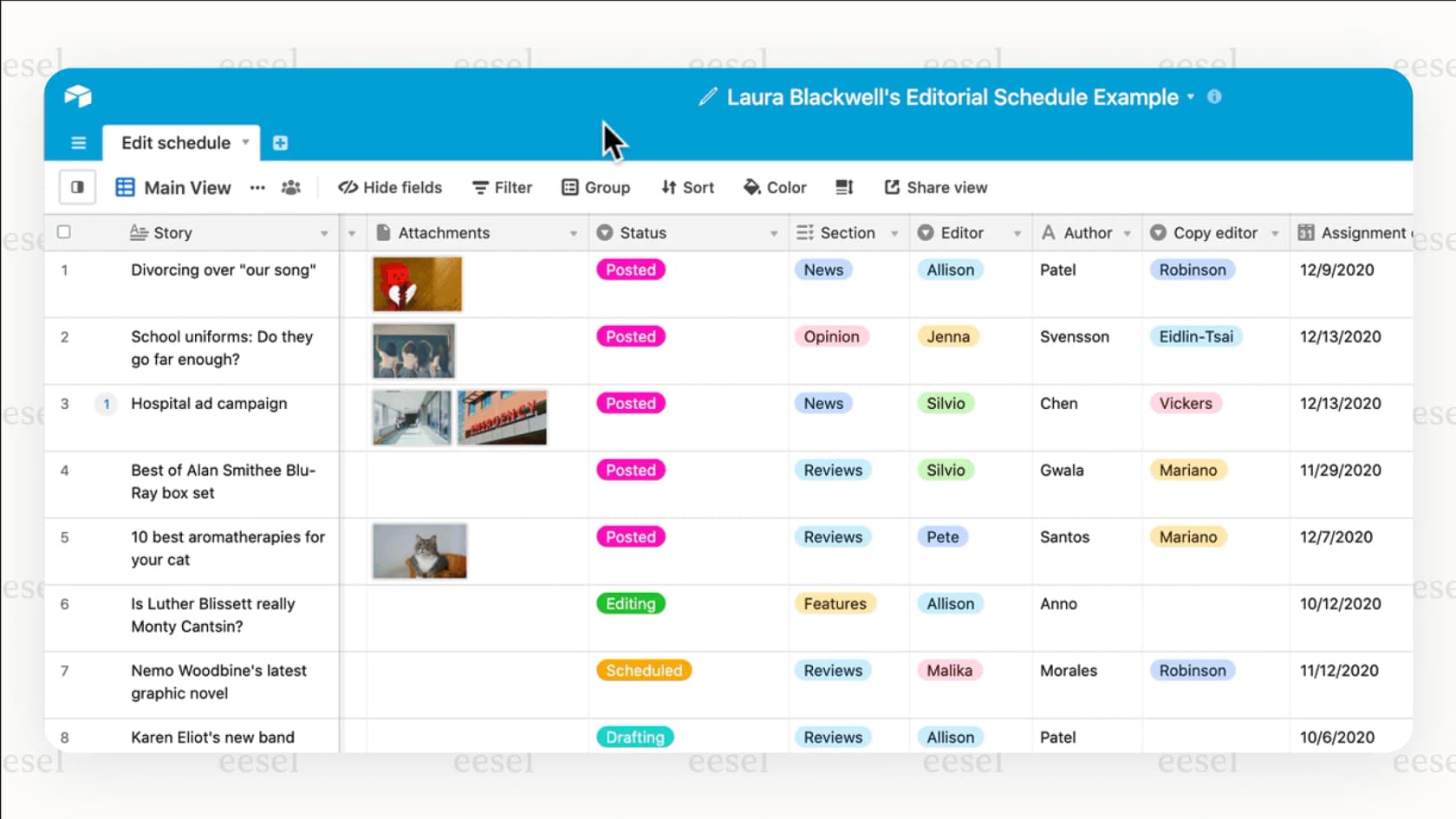 An Airtable interface, a strong database-focused Notion alternative, showing multiple data visualizations like grids and calendars from a single dataset.