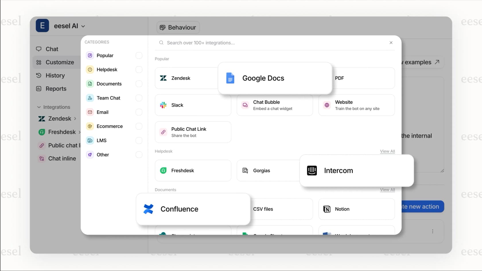 A screenshot of the eesel AI integrations page displaying logos of Zendesk, Slack, and Confluence, highlighting how to connect data sources for effective proactive customer engagement.