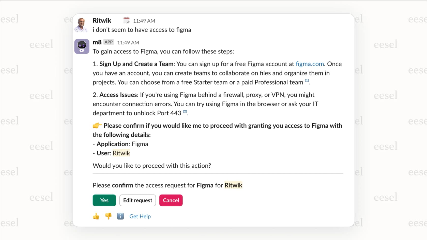 The Moveworks conversational AI service desk bot inside a Microsoft Teams chat, automatically resolving an employee