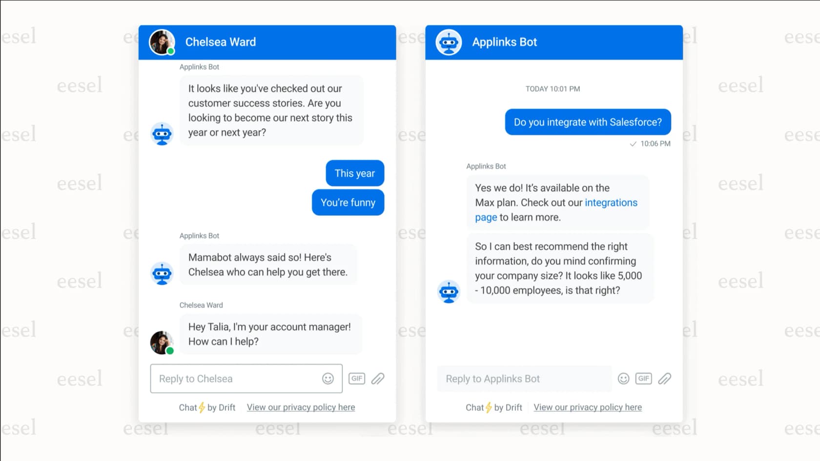 Drift's live chat software qualifying leads and booking meetings.