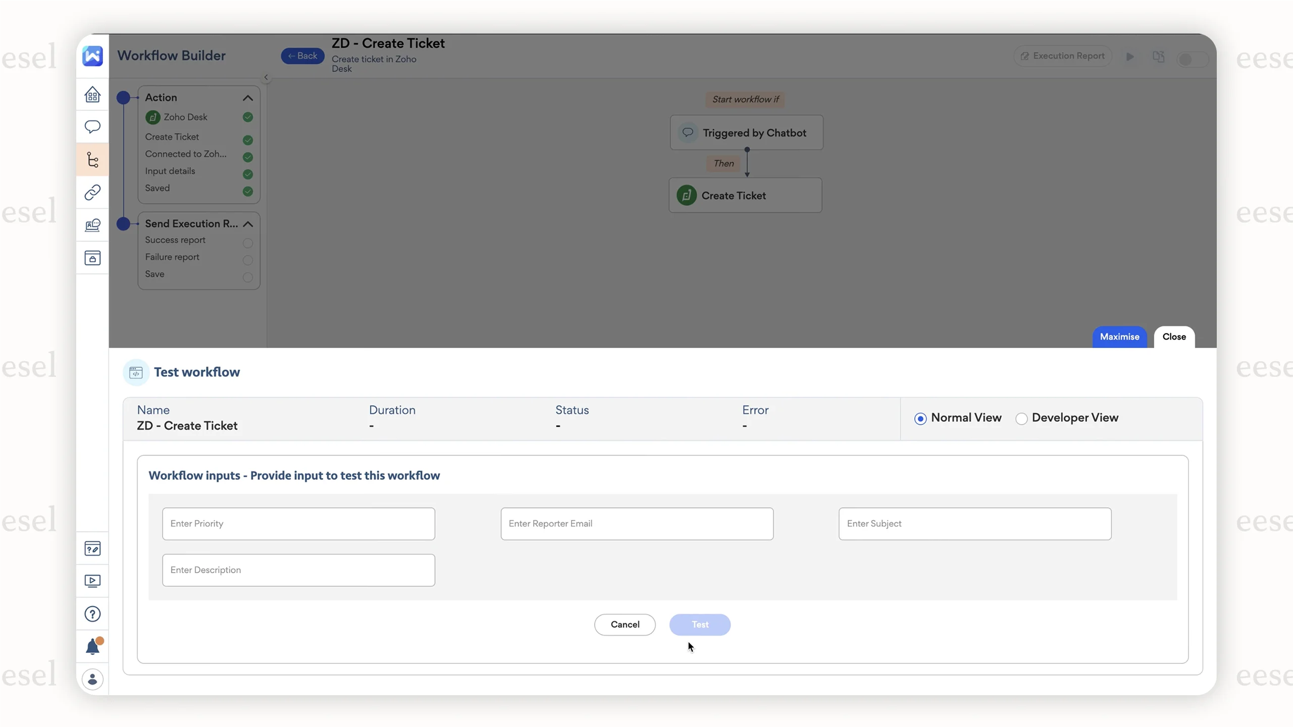 The visual, no-code automation builder in the Workativ AI service desk, which allows IT teams to create custom workflows for their chatbot.