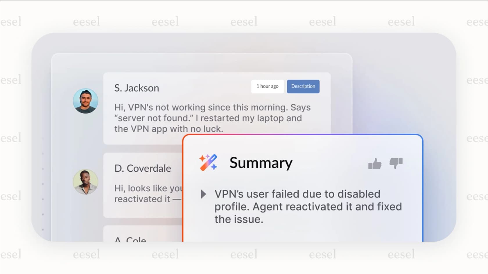The agent interface of the Invgate AI service desk, highlighting the one-click AI summary feature that helps agents quickly understand ticket context.