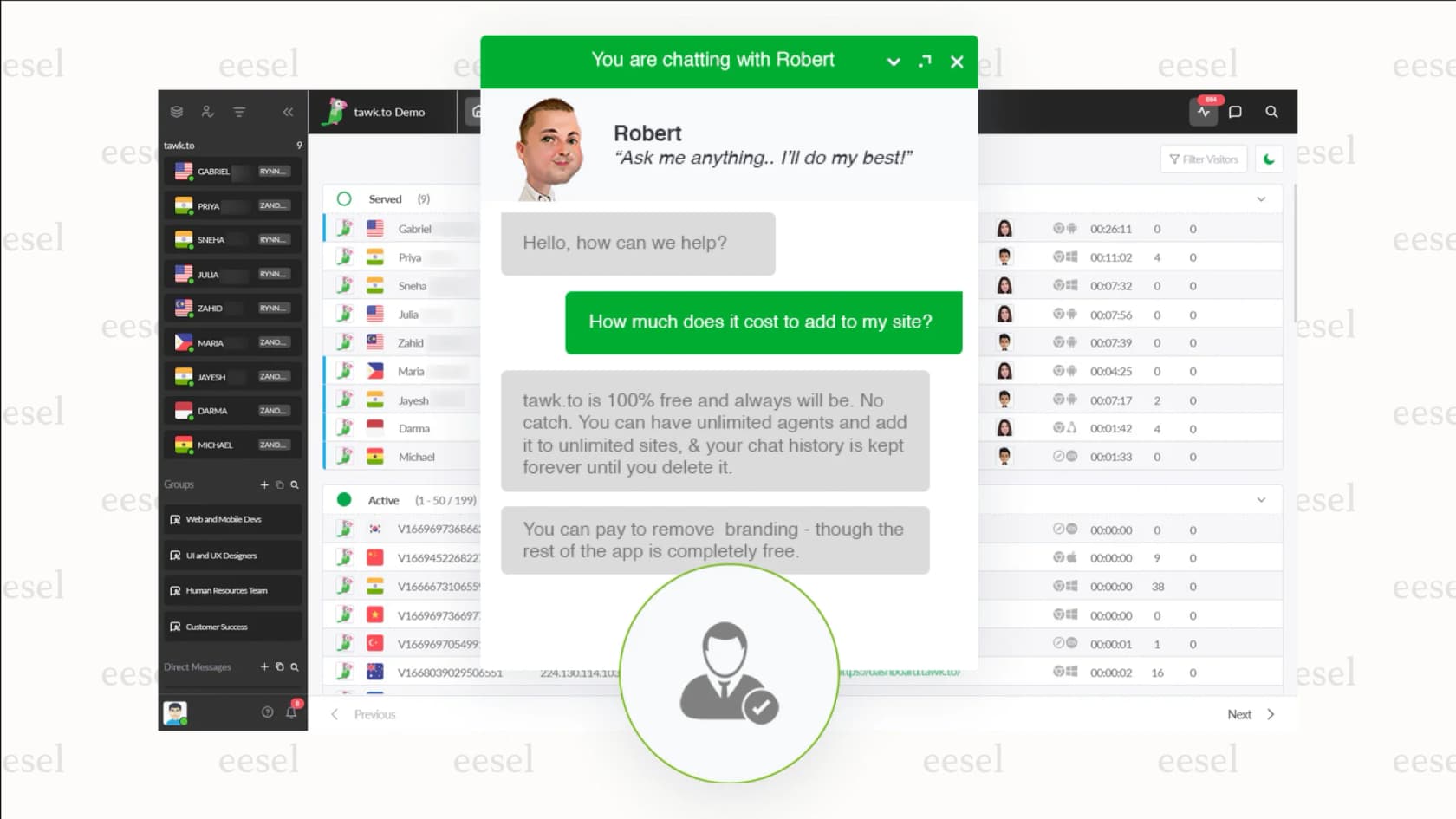The dashboard of the free Tawk.to live chat software.