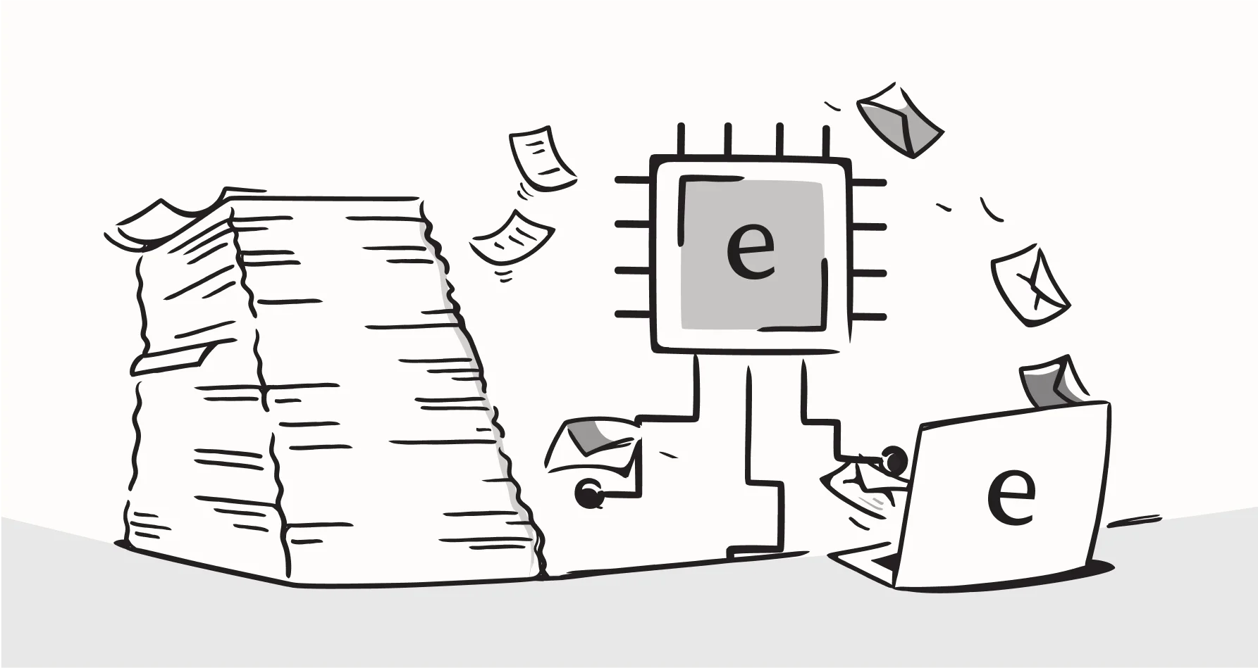 Illustration of an eesel e tile processing papers and envelopes