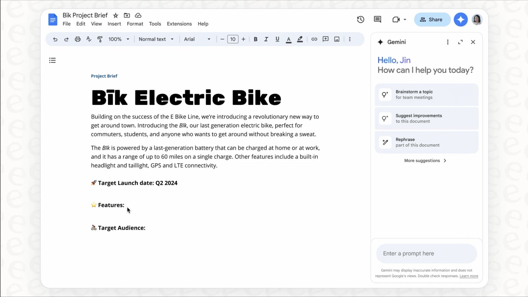 Screenshot showing the Gemini AI side panel within Google Docs, a key feature of the Gemini Workspace pricing model.