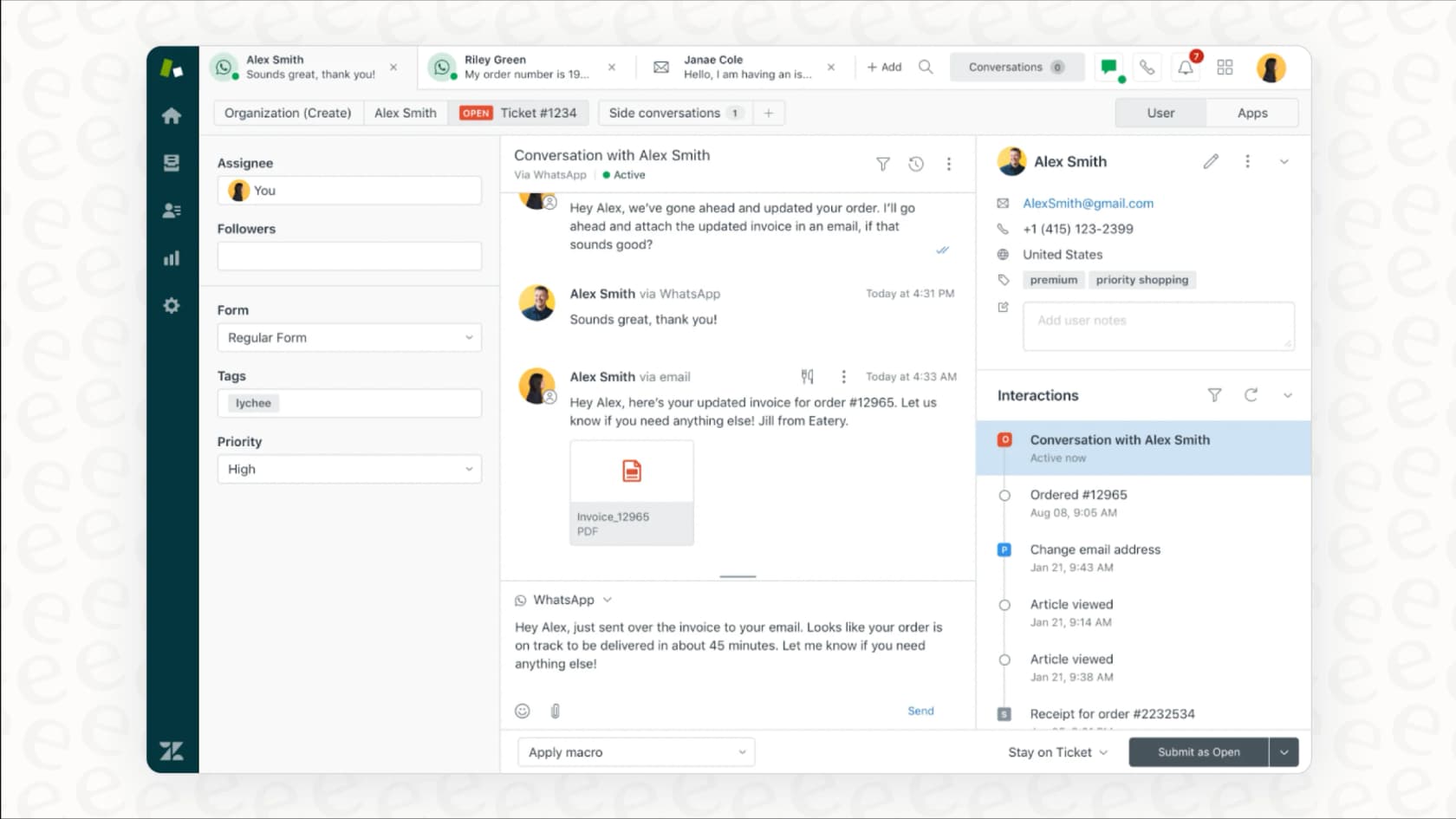 A screenshot of the Zendesk Agent Workspace, illustrating the comprehensive interface for managing customer support across multiple channels.