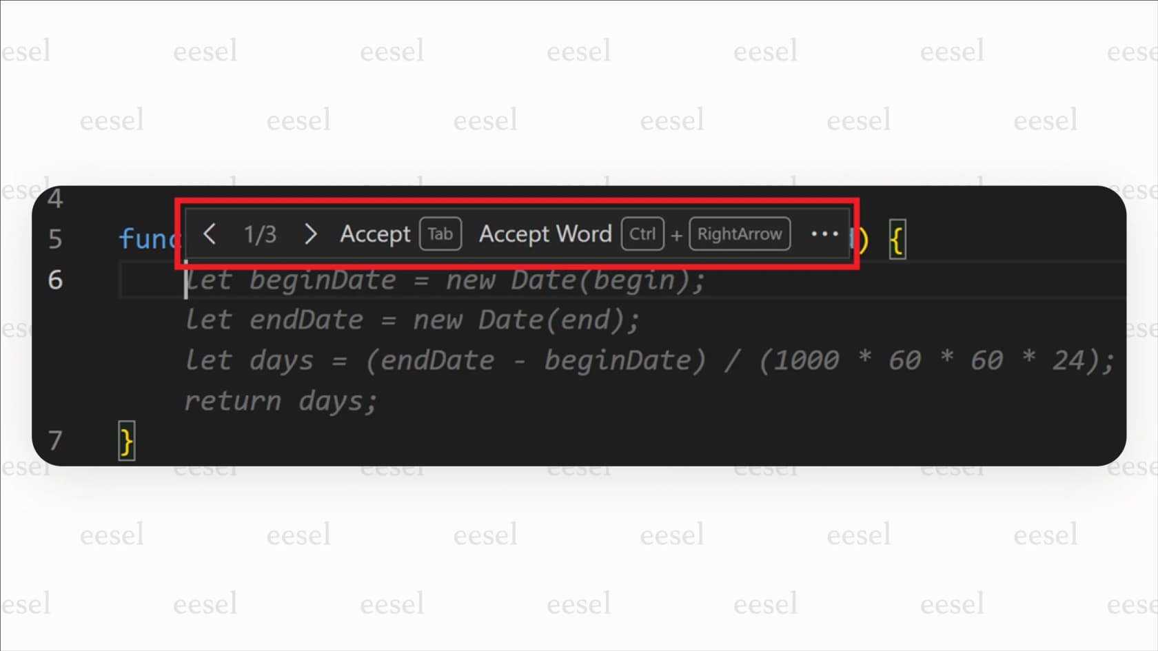 An image showing an example of GitHub Copilot providing a multi-line code completion suggestion as ghost text within a code editor.
