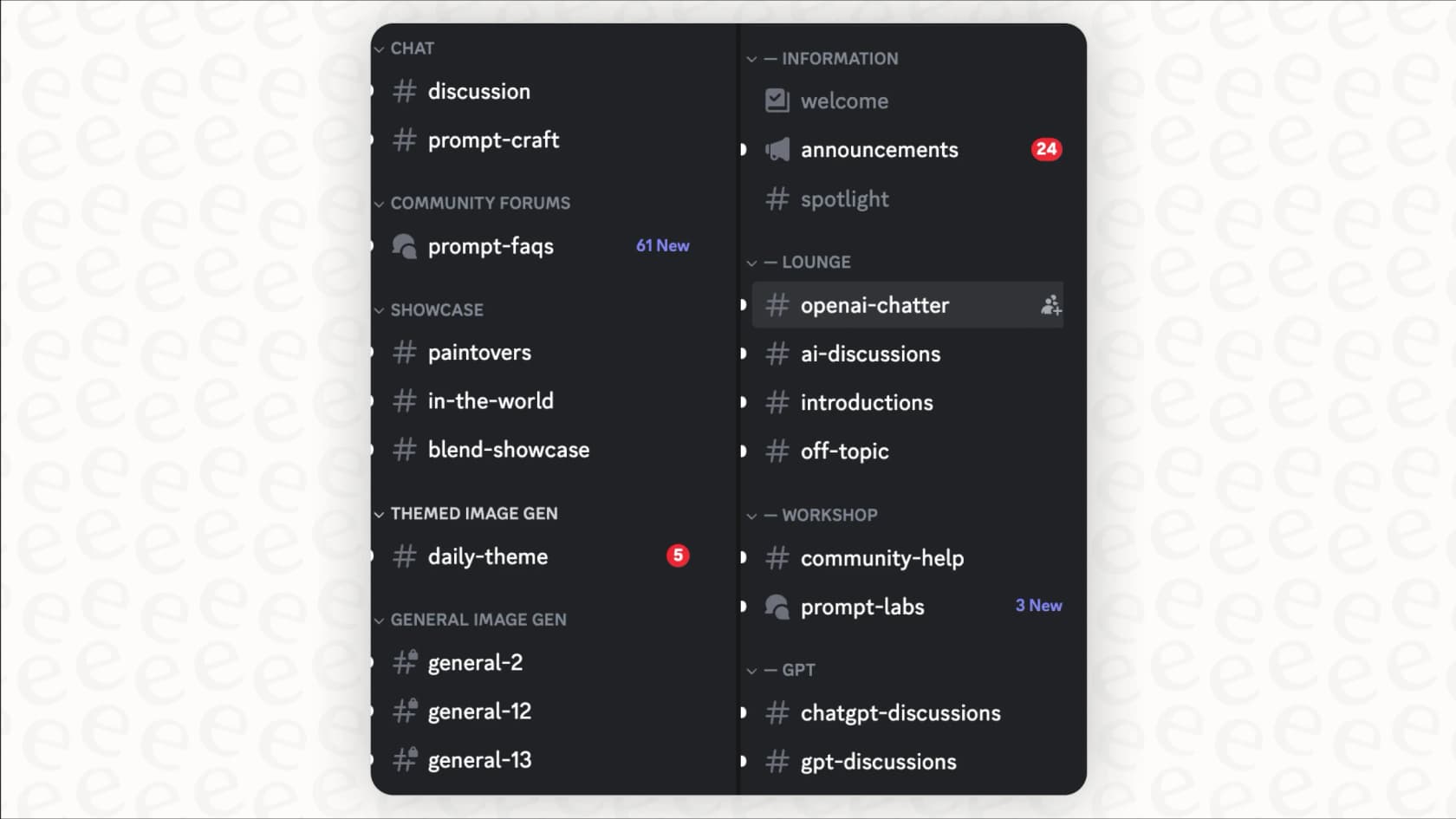 A screenshot for a Discord overview showing ideal channel setup for a business, including support, feedback, and announcement channels.