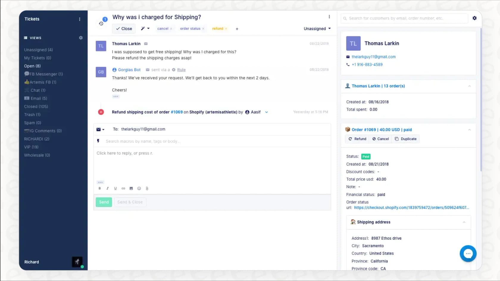 The Gorgias dashboard, where the AI support agent functions as both a Support Agent and a Shopping Assistant. a screenshot of the Gorgias user interface with deep Shopify integration visible, a key feature in the Freshdesk vs Gorgias comparison for e-commerce brands.