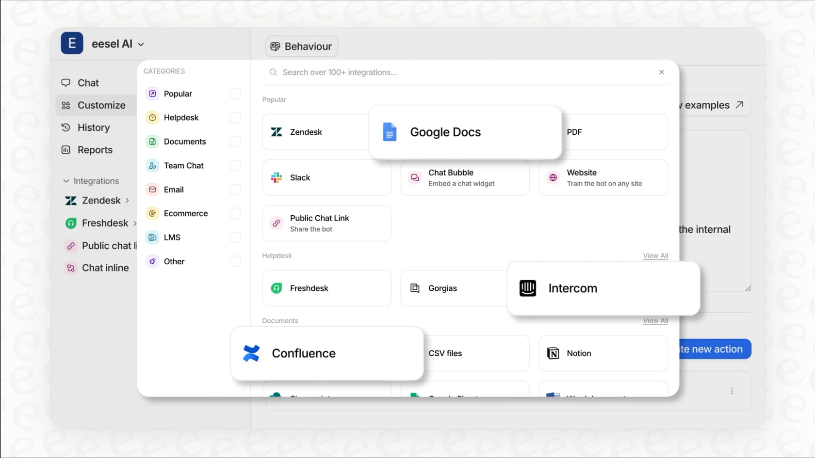 A screenshot displaying the wide range of integrations available for building a knowledge foundation in an AI-powered Customer Service Management system.