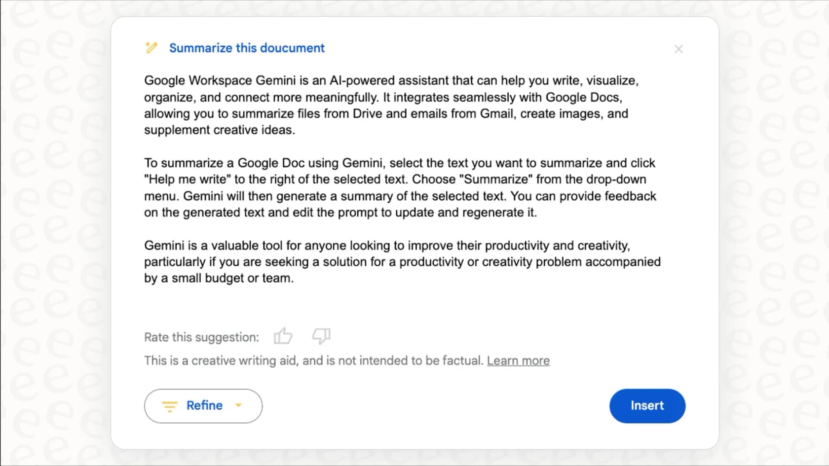 A screenshot of the Gemini AI interface processing a large PDF file and generating a concise summary, highlighting its large context window.