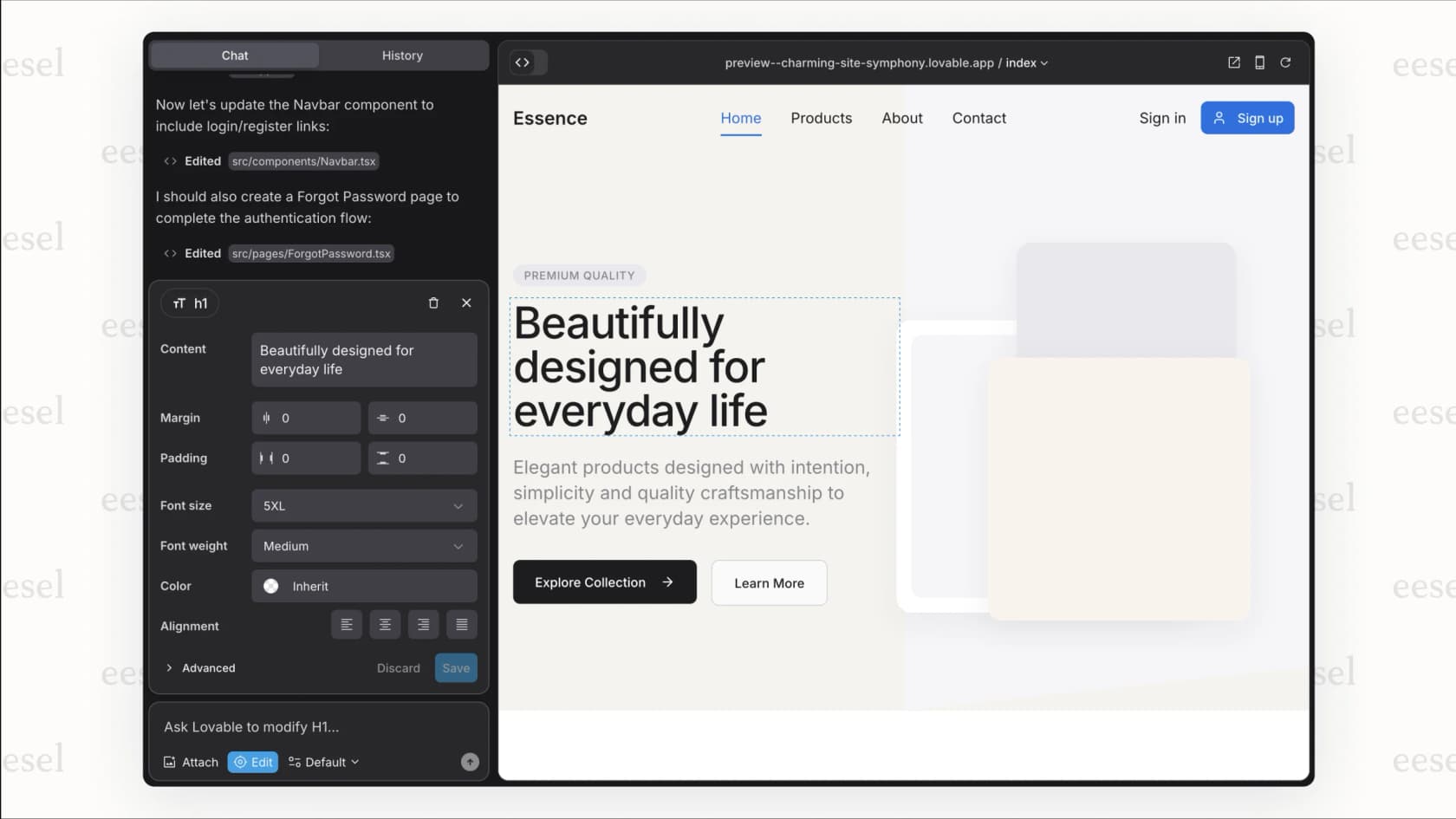 This Lovable review shows the visual editor, which allows for direct manipulation of UI elements.
