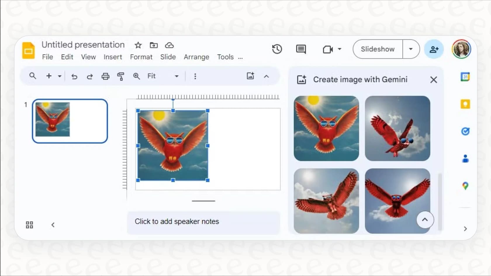 Screenshot demonstrating how to generate a custom image from a text prompt in Google Slides, an AI capability covered by the Gemini Workspace pricing.