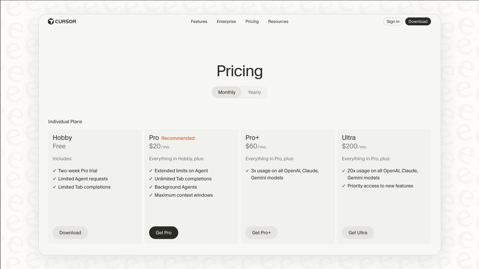A screenshot of the official Cursor pricing page, which Cursor reviews often discuss when evaluating the tool