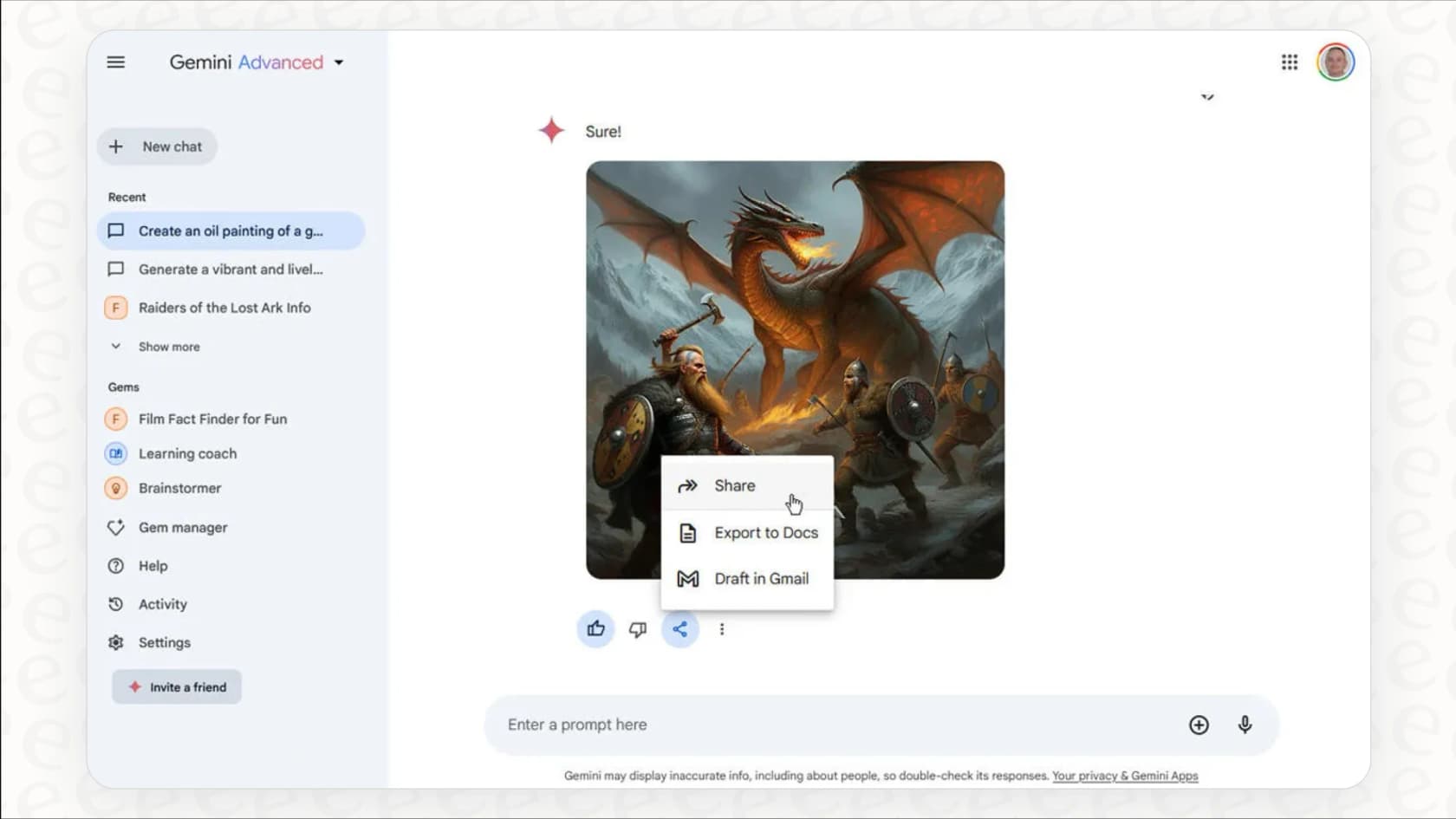 A screenshot of the Gemini AI interface where a user has entered a descriptive prompt and the AI has generated a high-quality, relevant image.