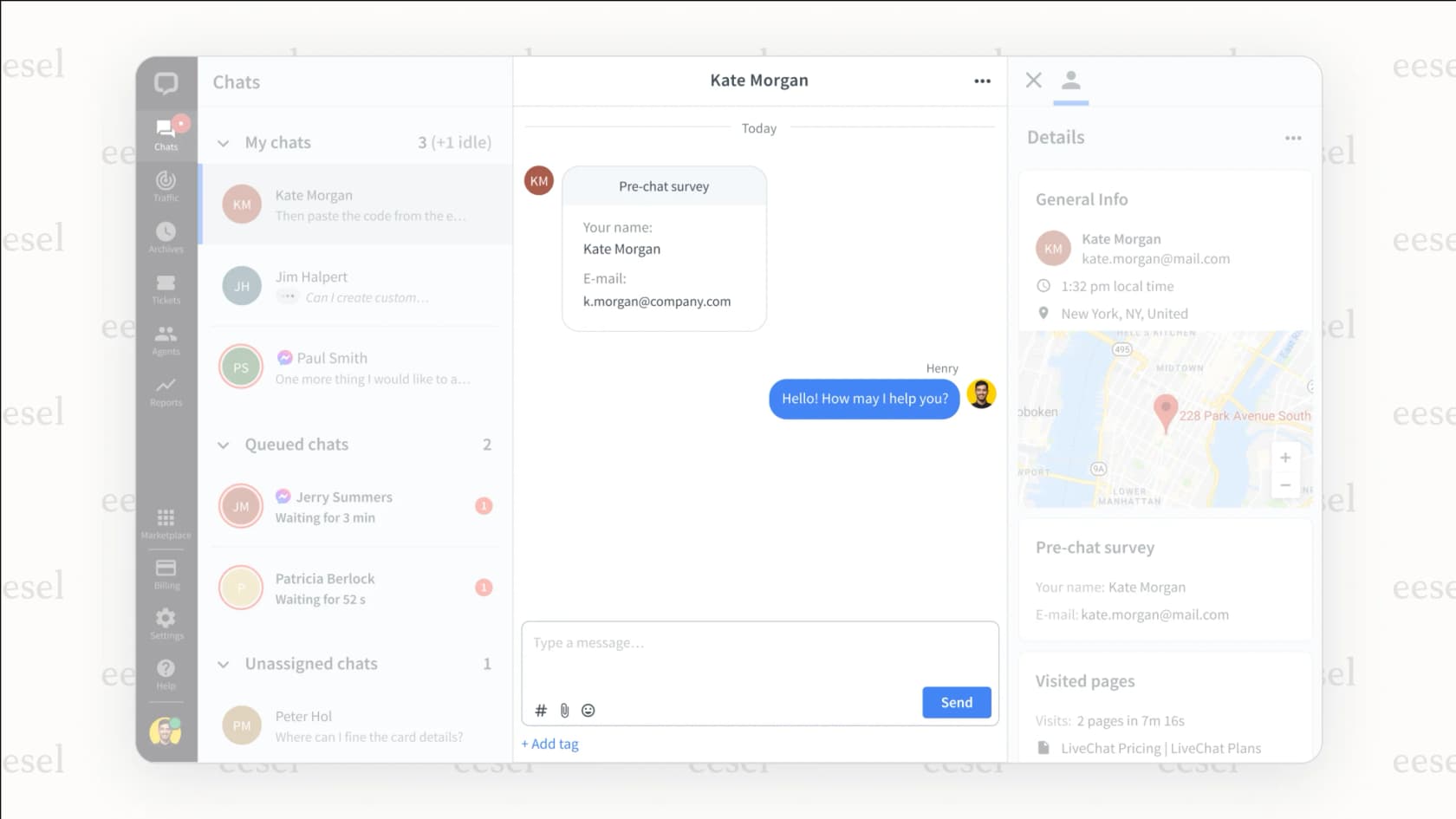 A screenshot of the LiveChat agent dashboard, showing the interface used to manage customer conversations, view reporting, and handle tickets.