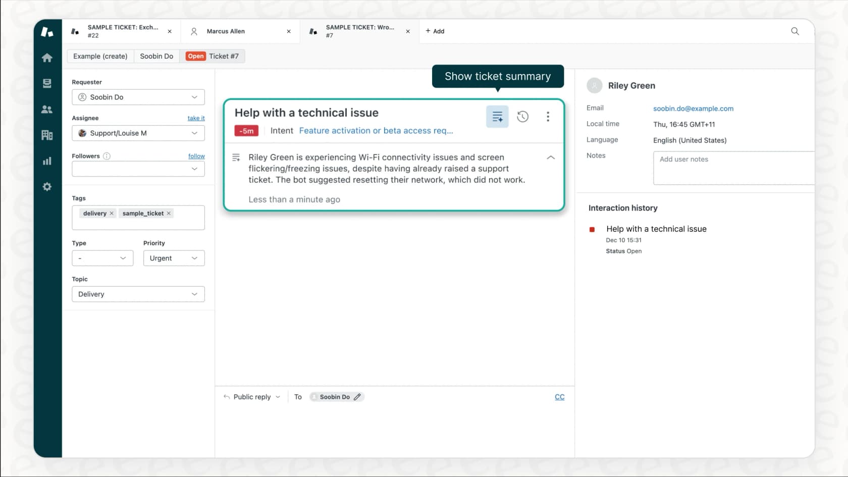 A screenshot of the Zendesk user interface highlighting its built-in AI ticket summarization feature for agents.