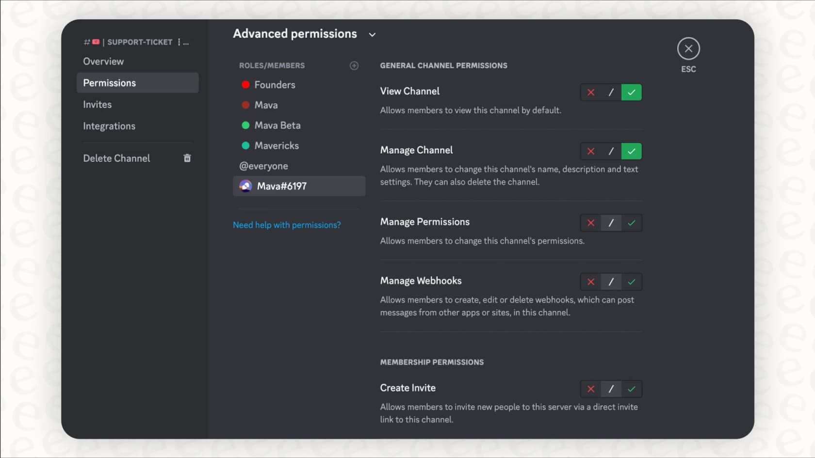 Screenshot for a Discord overview displaying the roles management interface, where server owners can create roles and assign specific permissions.