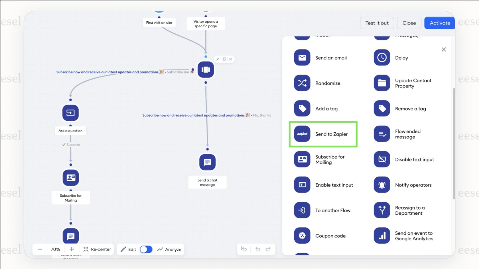 A screenshot of the Tidio visual editor, an easy-to-use tool within its live chat software for website for building automated chat flows.
