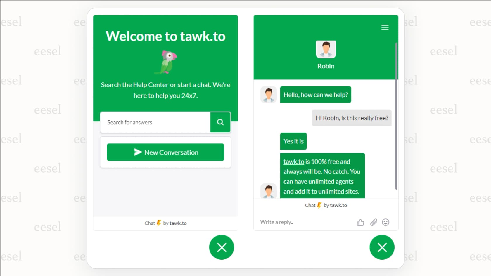 A screenshot of the Tawk.to chat widget, showing the branding included with the free version of its live chat software for website.