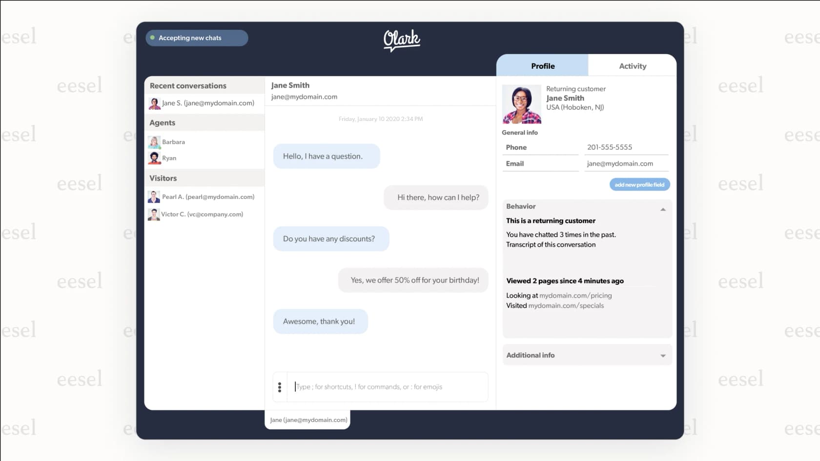 A screenshot of the Olark real-time dashboard, which provides customer data and chat transcripts from its live chat software for website.