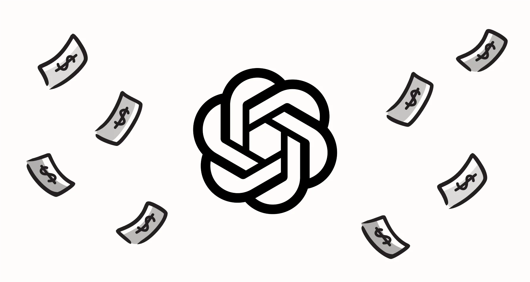 Black OpenAI logo surrounded by eight hand-drawn banknotes with dollar signs on a white background