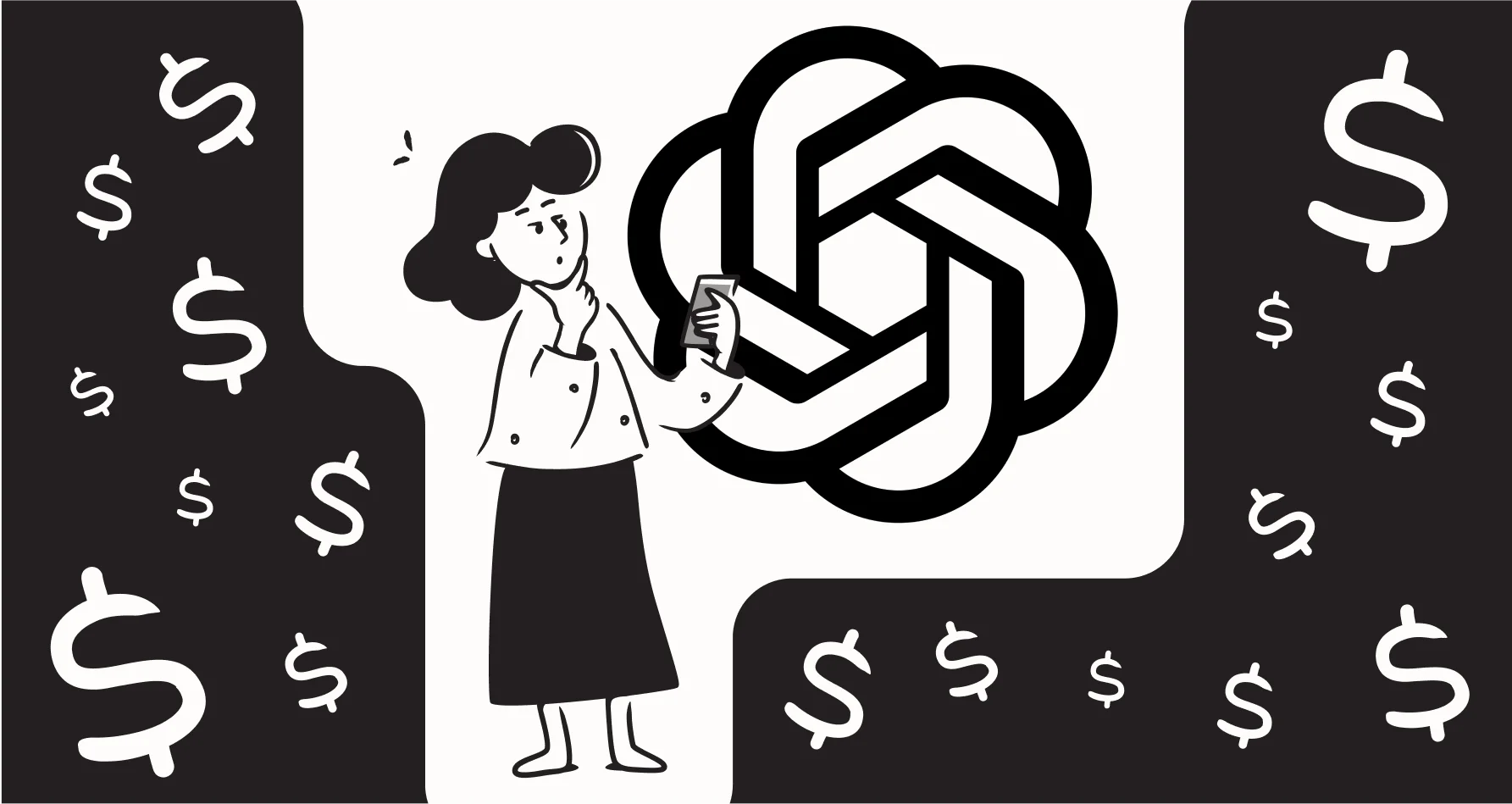 Illustrated woman holding a phone beside the OpenAI logo, surrounded by dollar signs