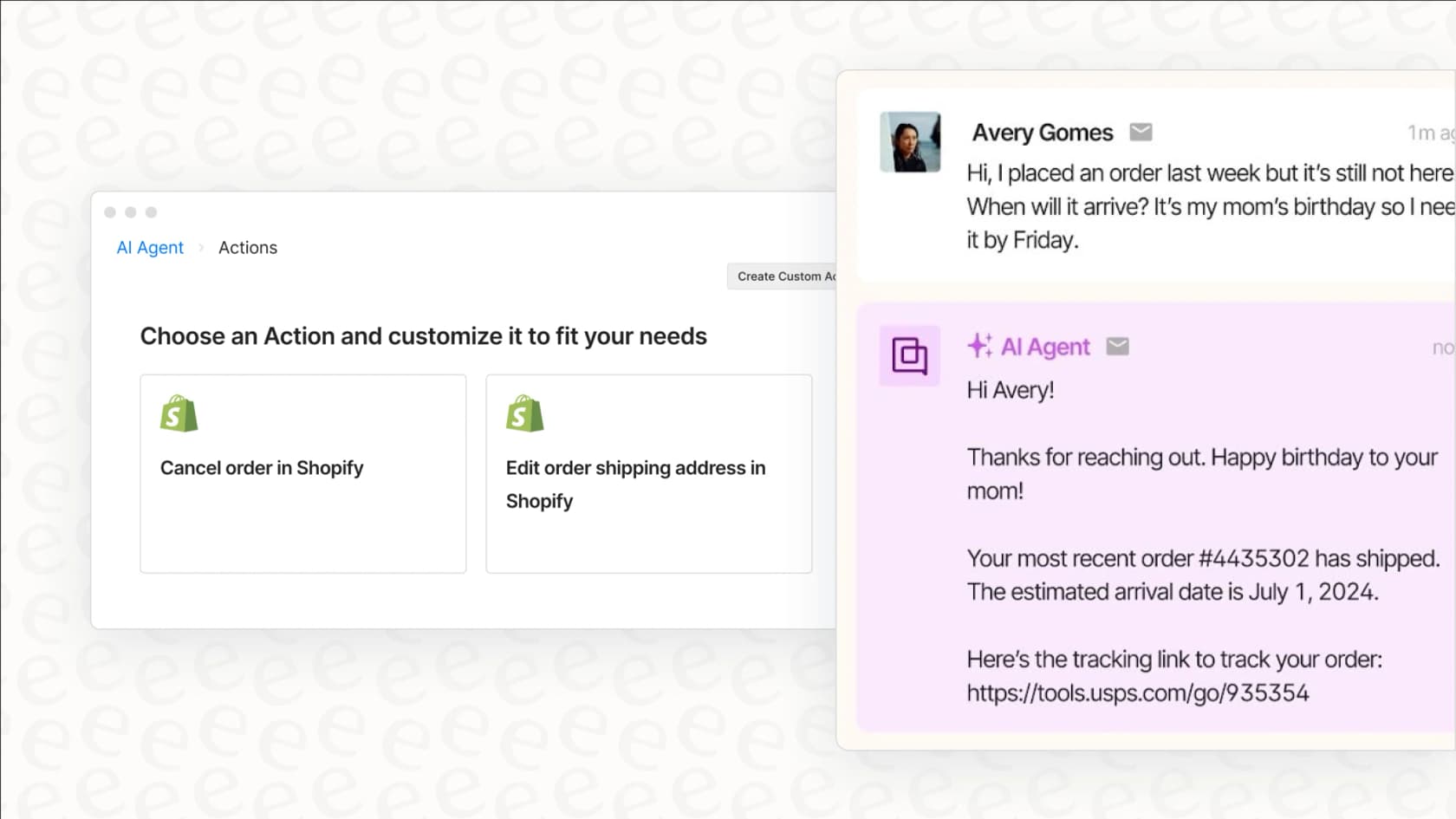 A screenshot showing the Shopify action integration within the Gorgias ecommerce helpdesk, allowing agents to manage orders directly.