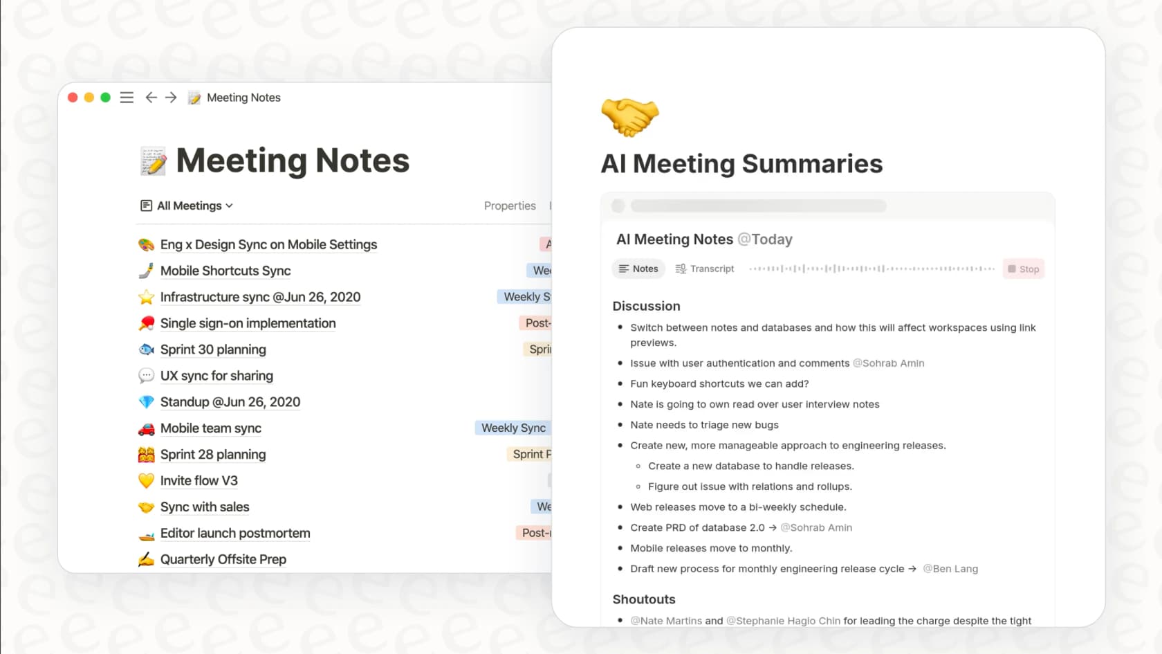 A screenshot of the Notion AI Meeting Notes feature transcribing a meeting live within a Notion page.
