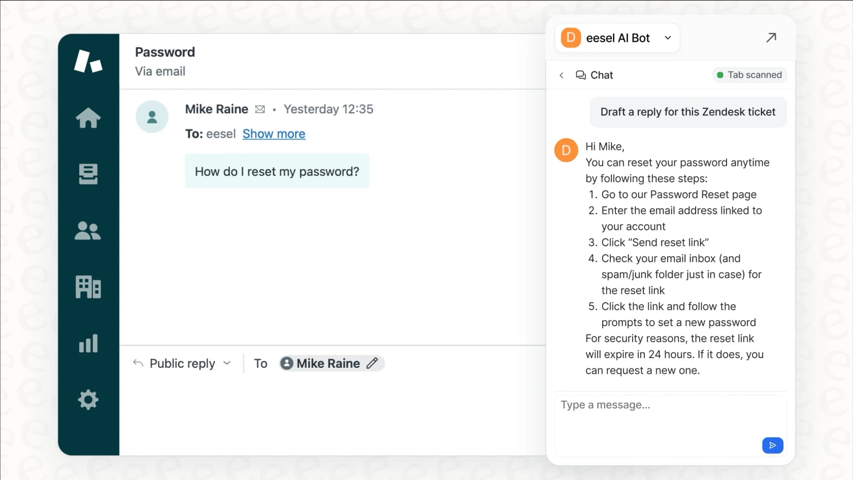 eesel AI Copilot Zendesk integration password reset assistance