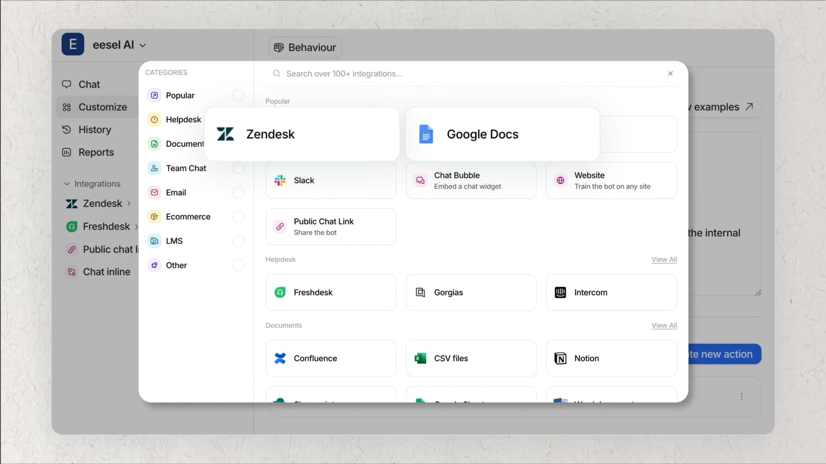 An illustration showing how eesel AI connects to internal knowledge bases like Zendesk and Confluence, an alternative approach discussed in this Frase AI review.