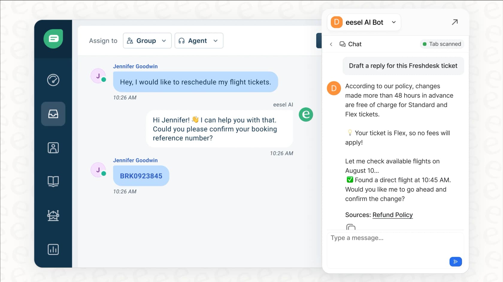 An example of eesel AI Copilot drafting a reply to a customer query about a refund policy directly within the Freshdesk live chat.
