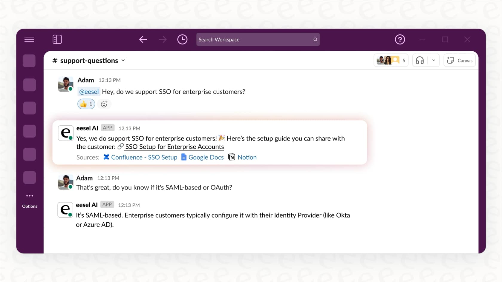 The eesel AI Internal Chat agent provides a quick-to-deploy knowledge resource for staff inside tools like Slack.