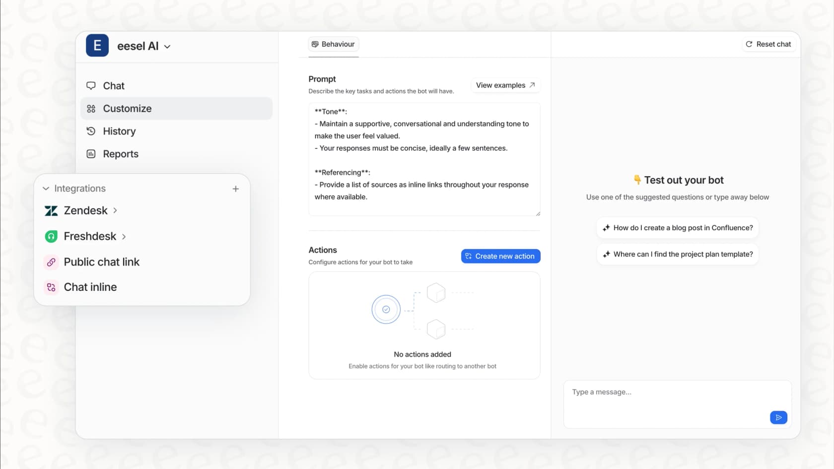 eesel AI integrations in the dashboard