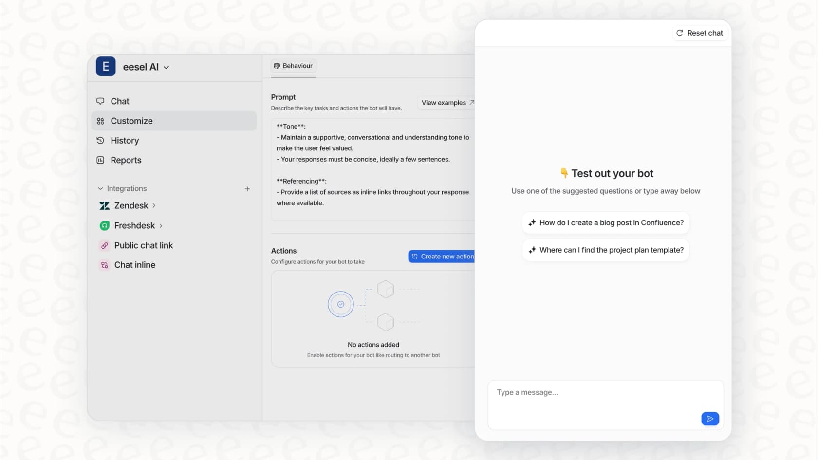 The eesel AI Customize screen, where you write the bot's prompt and actions on the left and test the answers it gives in the panel on the right before anything reaches a live customer.