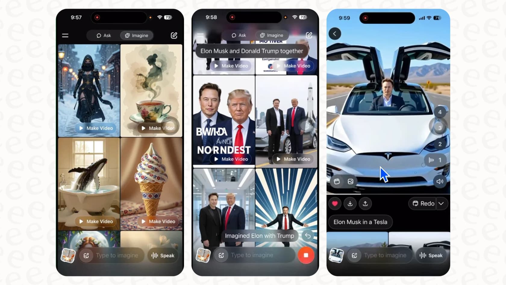 A screenshot showing the main screen of Grok Imagine, where users can input prompts to create AI videos.