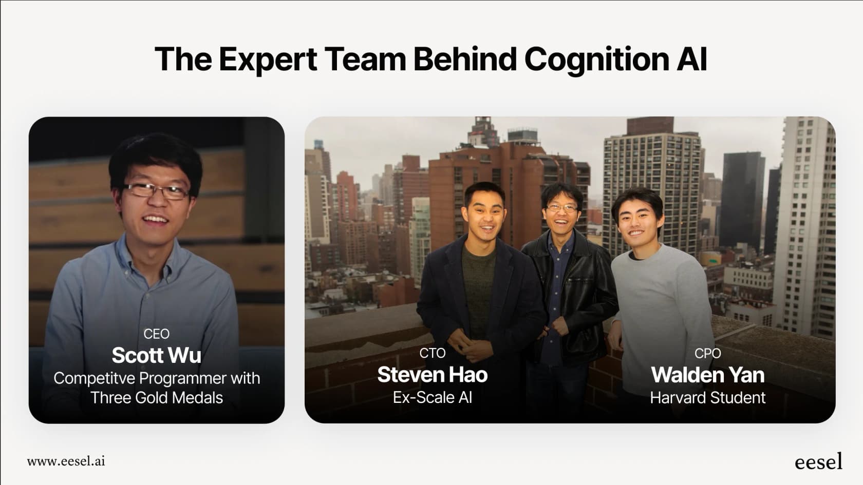 Infographic detailing the credentials and background of the founders of Cognition AI, highlighting their expertise in the field.
