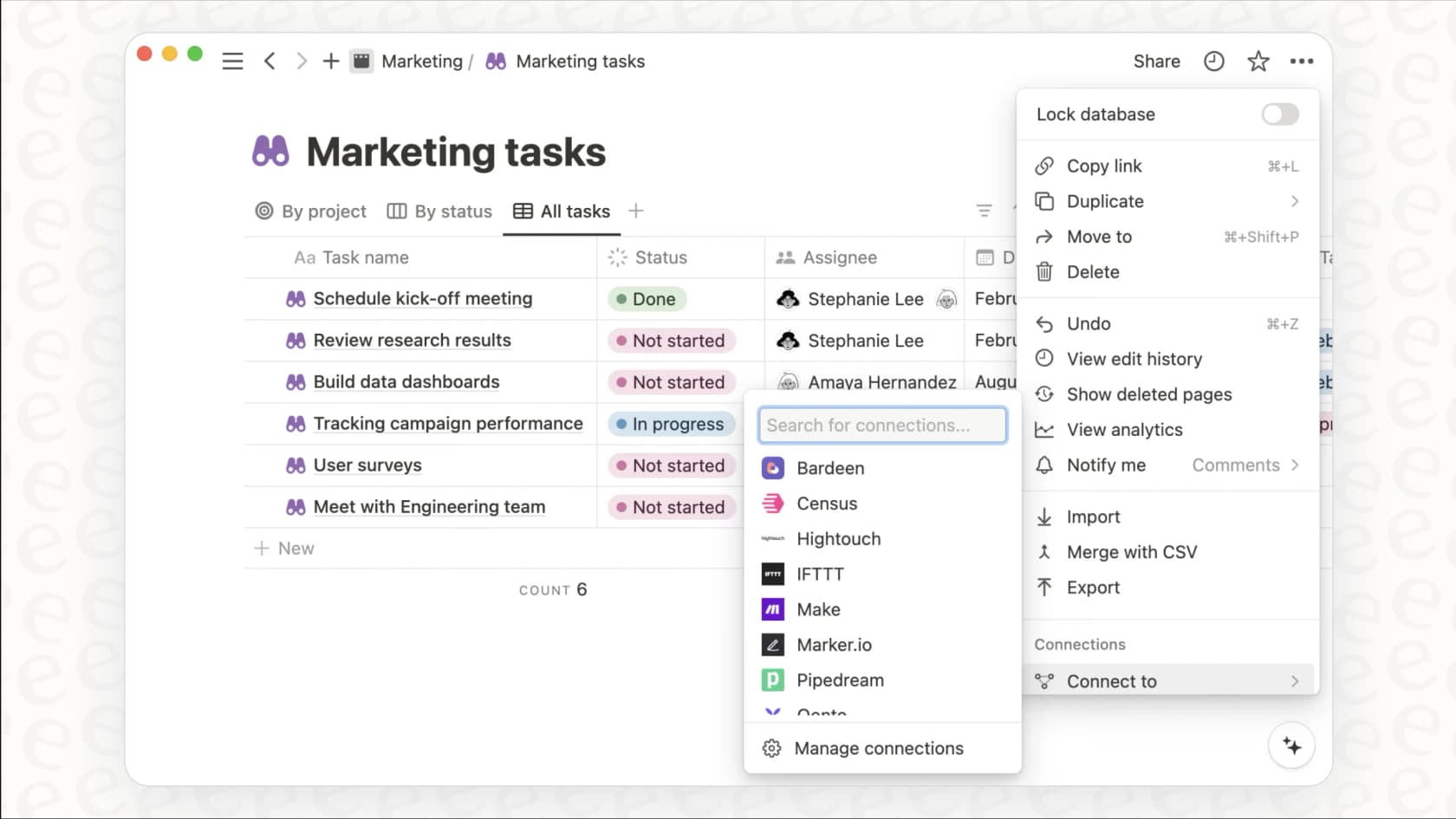 Screenshot of the Notion interface with the connections window open.