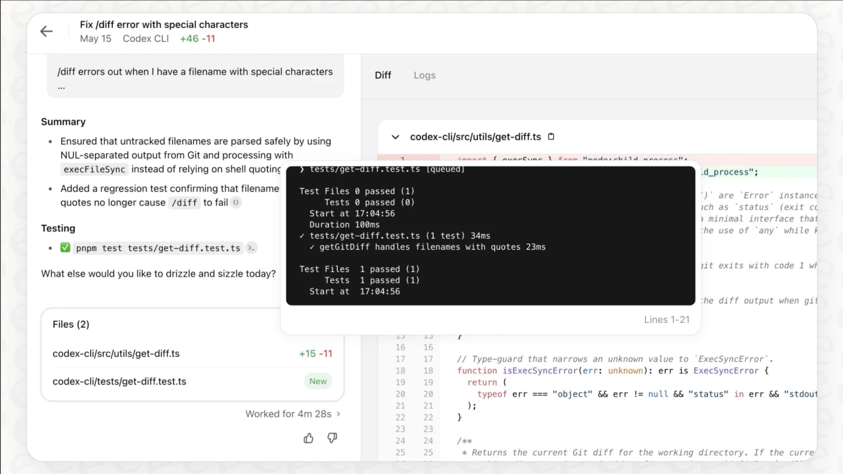 An earlier Codex task interface showing a summary, test output, changed files, and a code diff