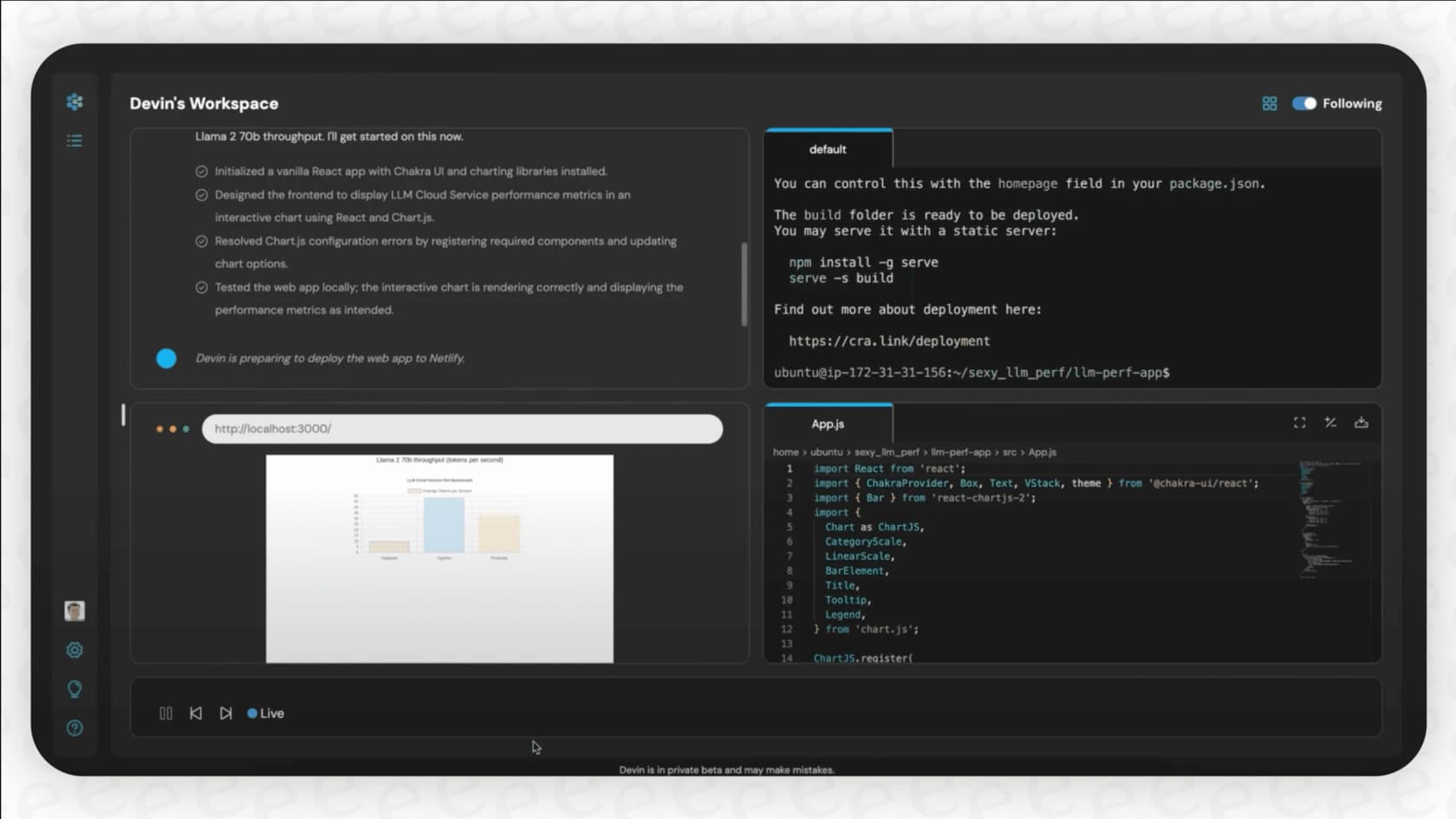 Screenshot showcasing the user interface of Devin by Cognition AI, demonstrating its capability to handle a software development task.