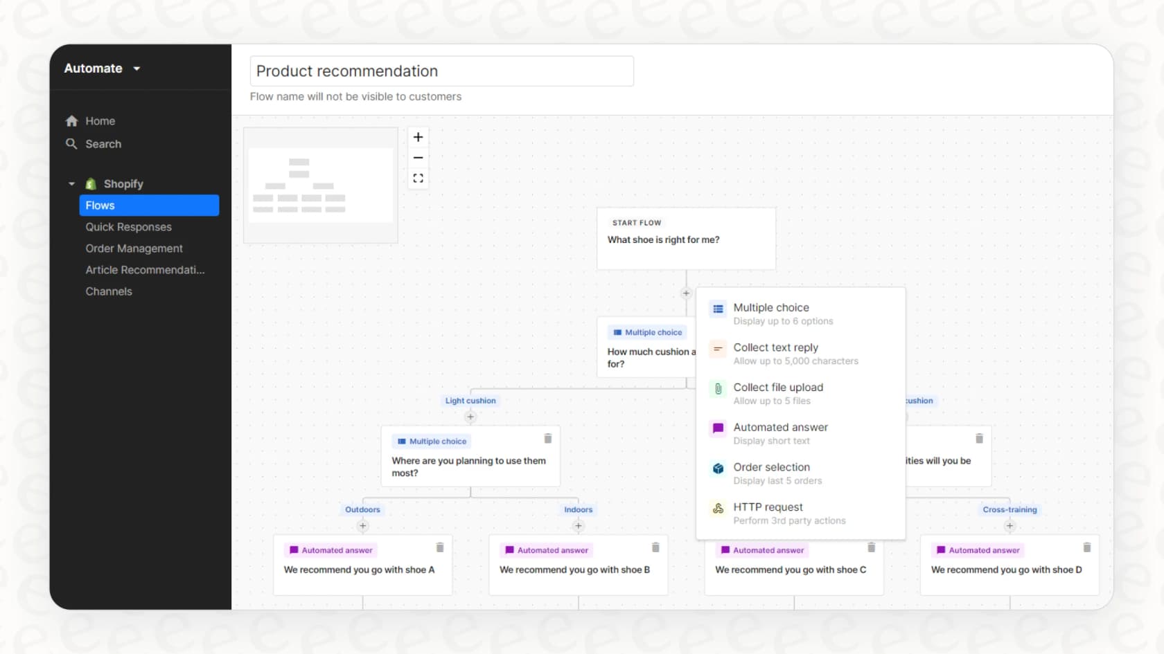 A screenshot demonstrating the visual builder for setting up Gorgias AI flows and order management.
