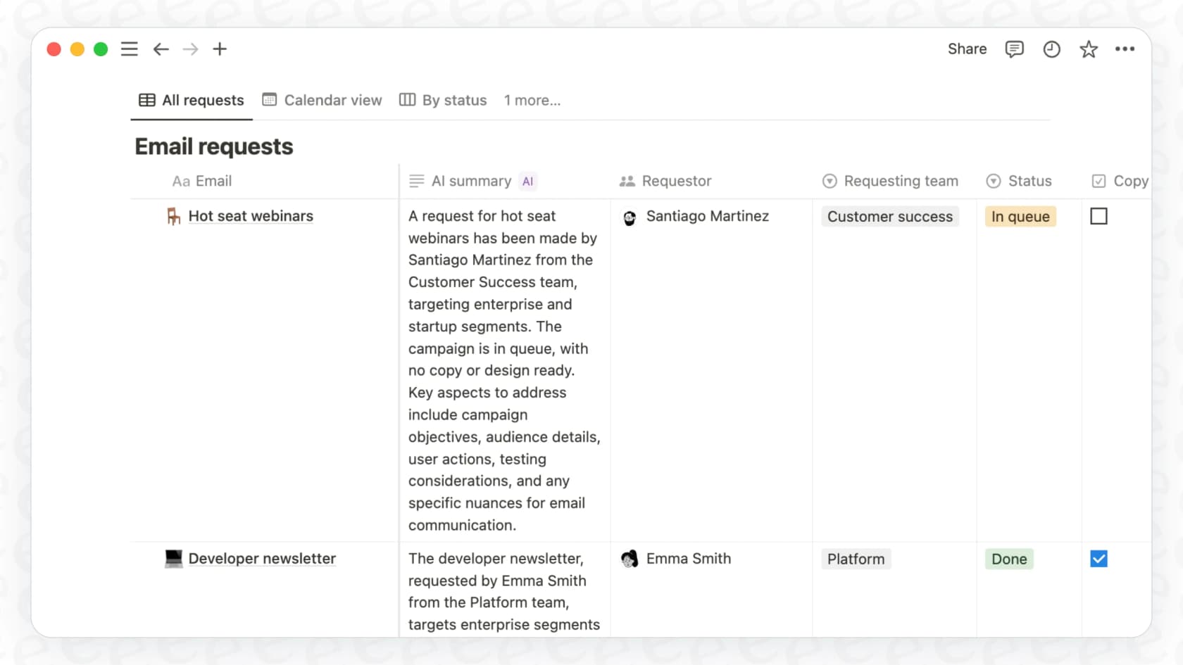 A screenshot showing the Notion Personal Agent processing a command to create a marketing database with specific columns and tasks.