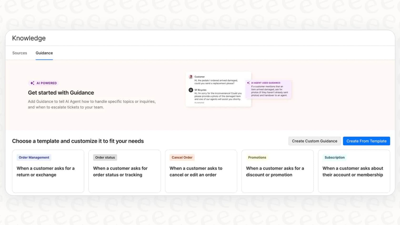 This image displays the Guidance settings in Gorgias, where you can configure the AI to detect refund vs exchange intent from message text.