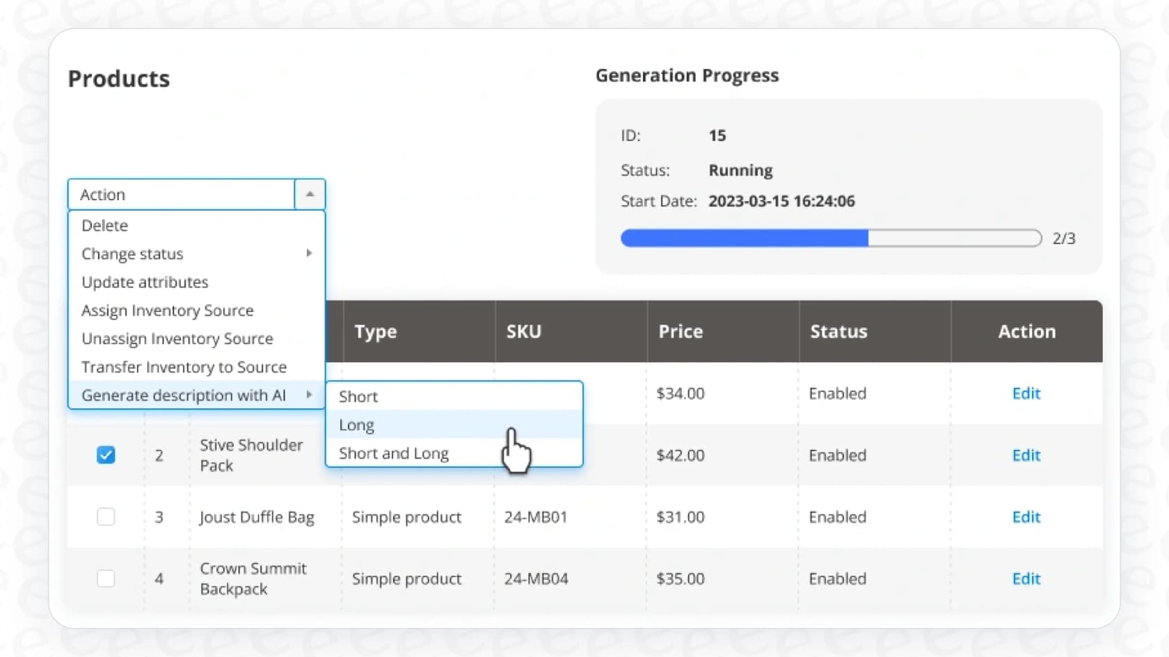 A demonstration of the bulk processing feature in a Magento AI Bulk Content Generation extension.