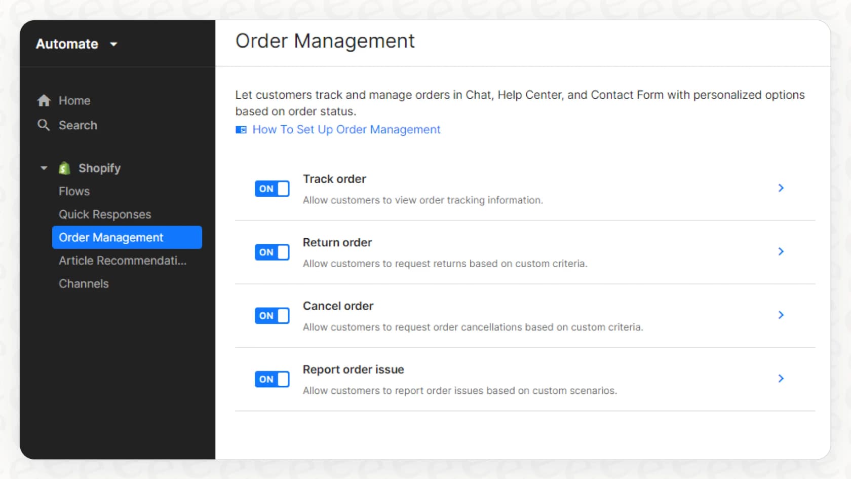 A view of the customer portal for Gorgias AI flows and order management where users can handle their orders.