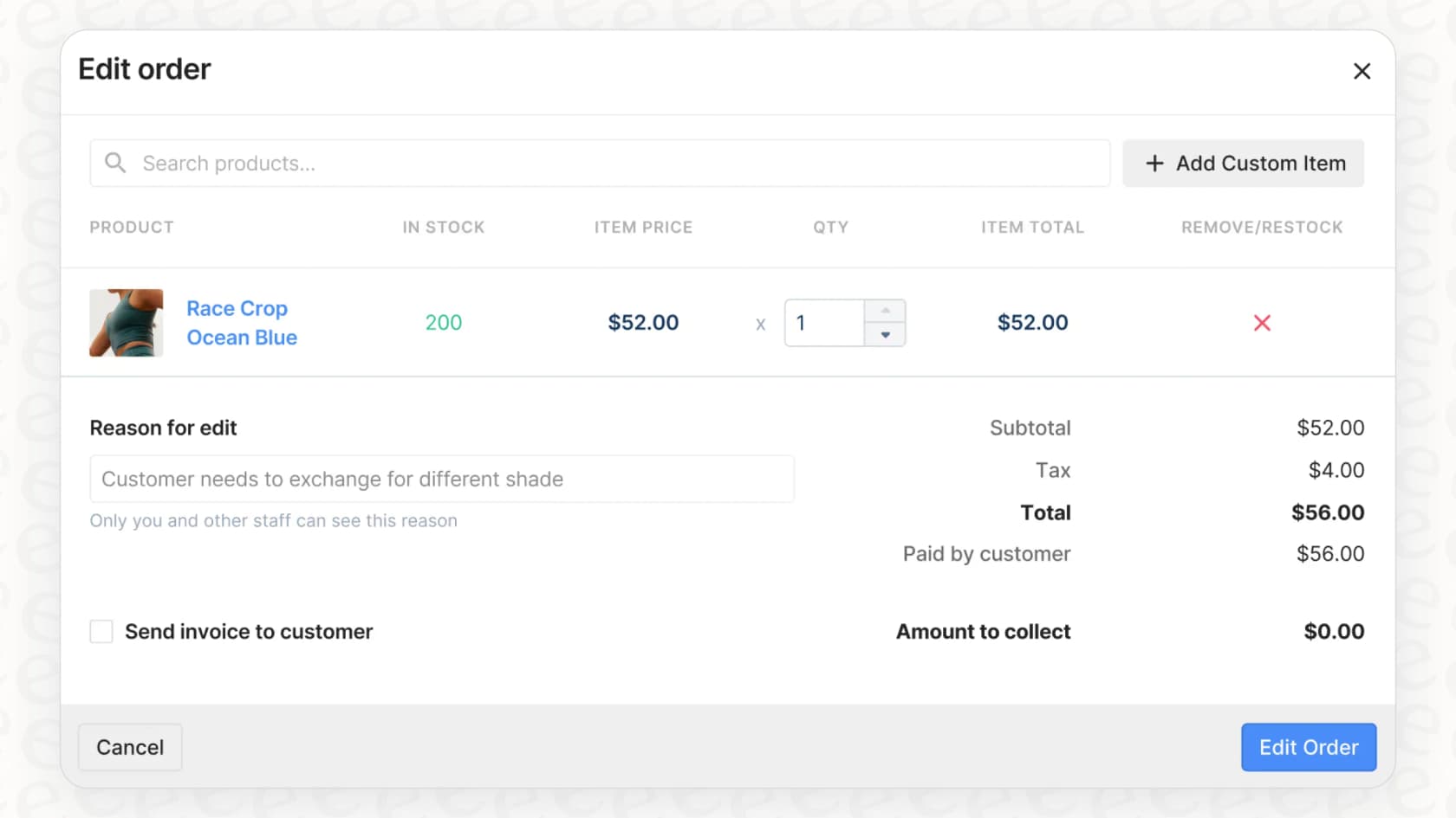 Screenshot of Gorgias Shopify Integration Edit Order Window