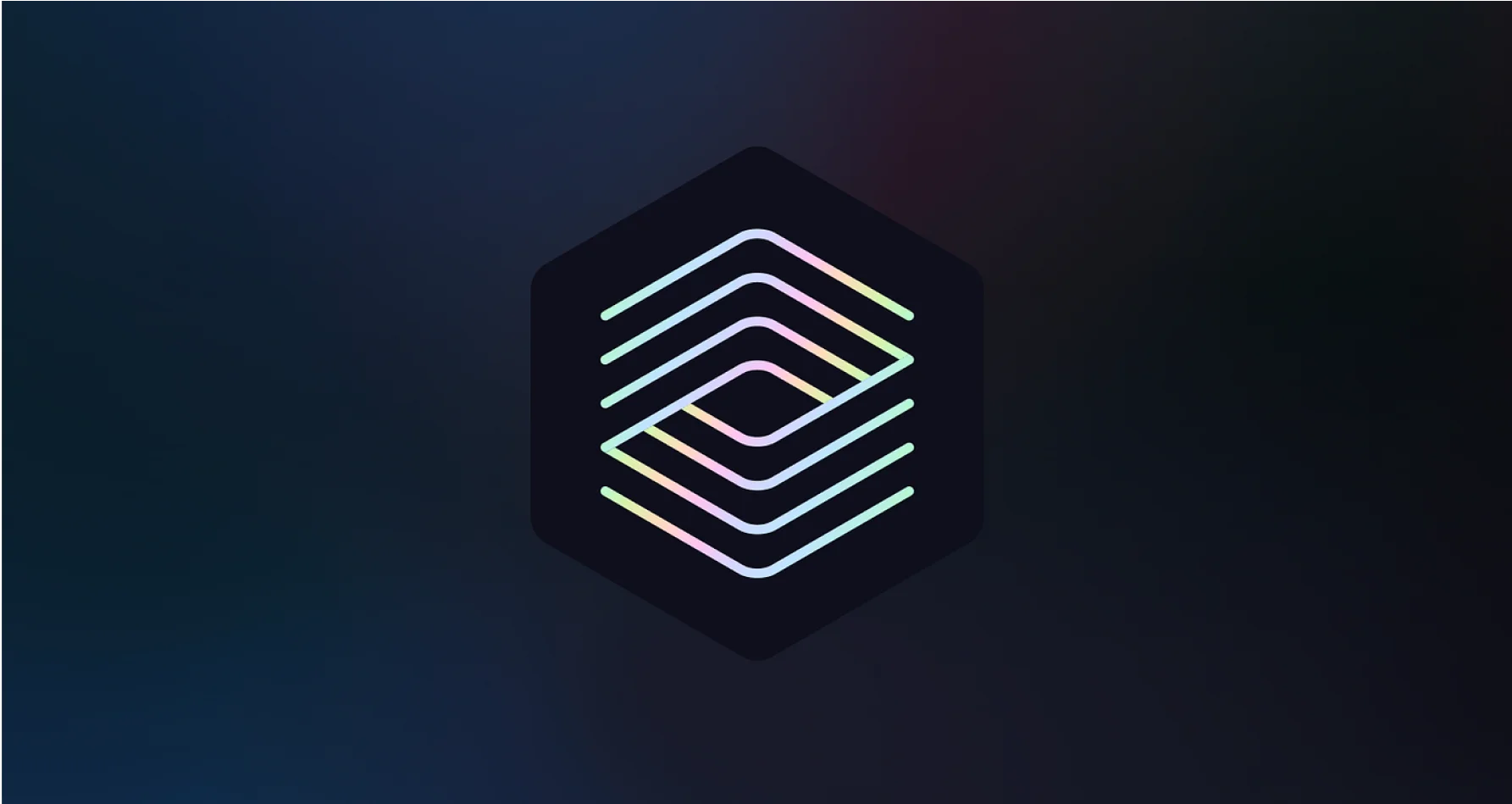 Abstract layered pastel lines inside a dark geometric shape on a blue-to-black gradient